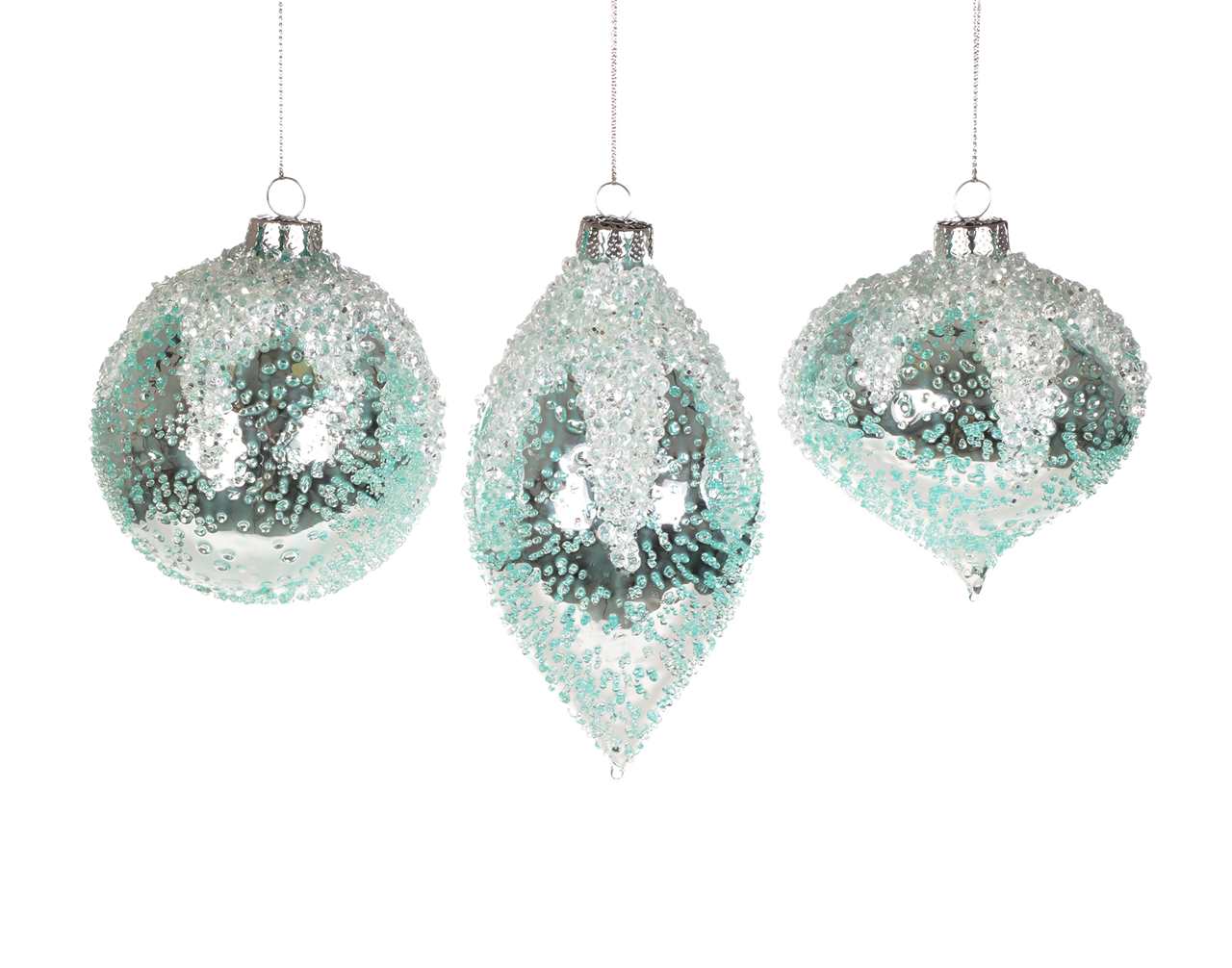 (Set of 24 - assorted 3) Specialty 8 cm Light Blue Ice Glass Ornaments - Ball / Finial / Onion - M5025-T