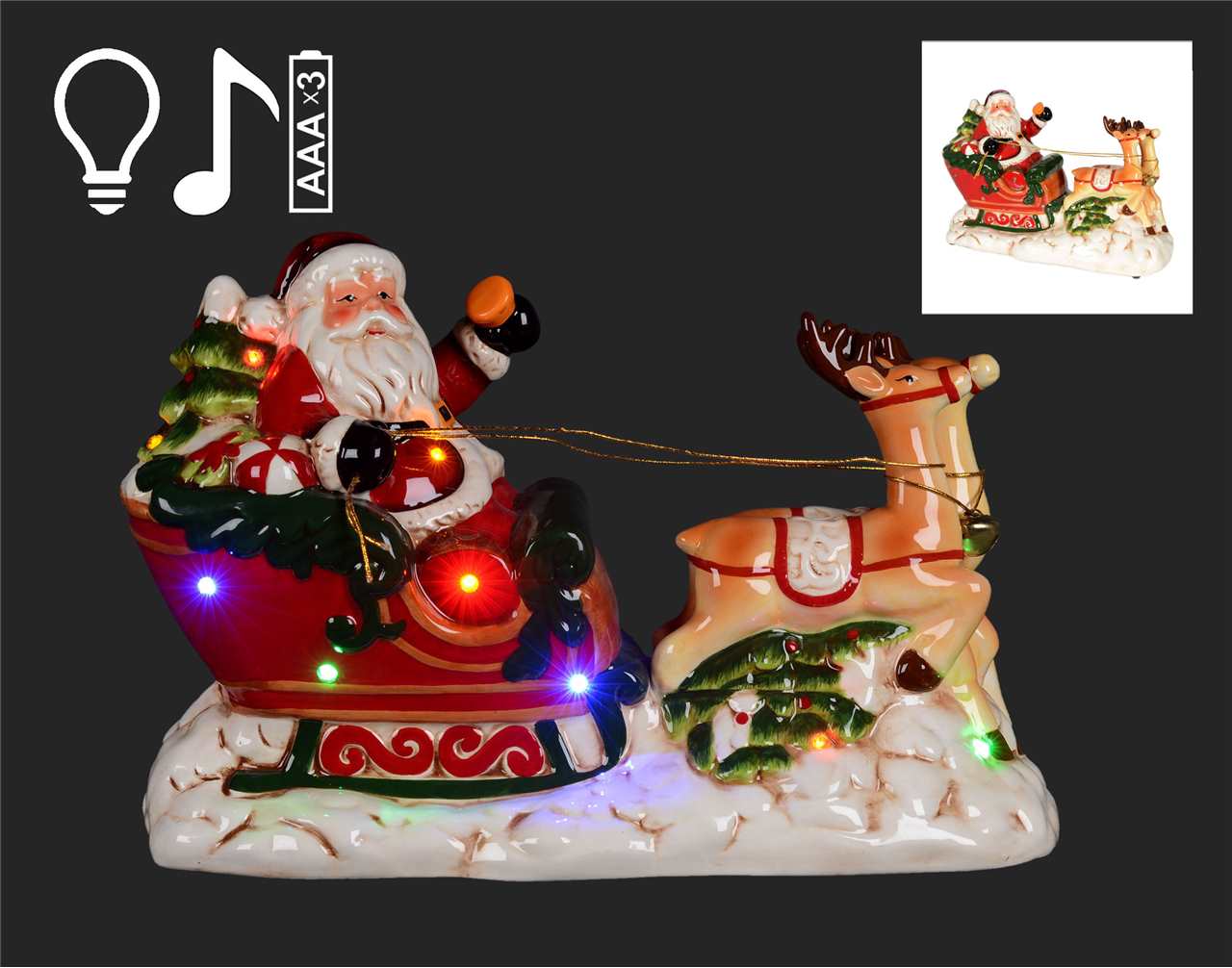 12 x 8.5 inch Santa and reindeer with LED - D4891-T