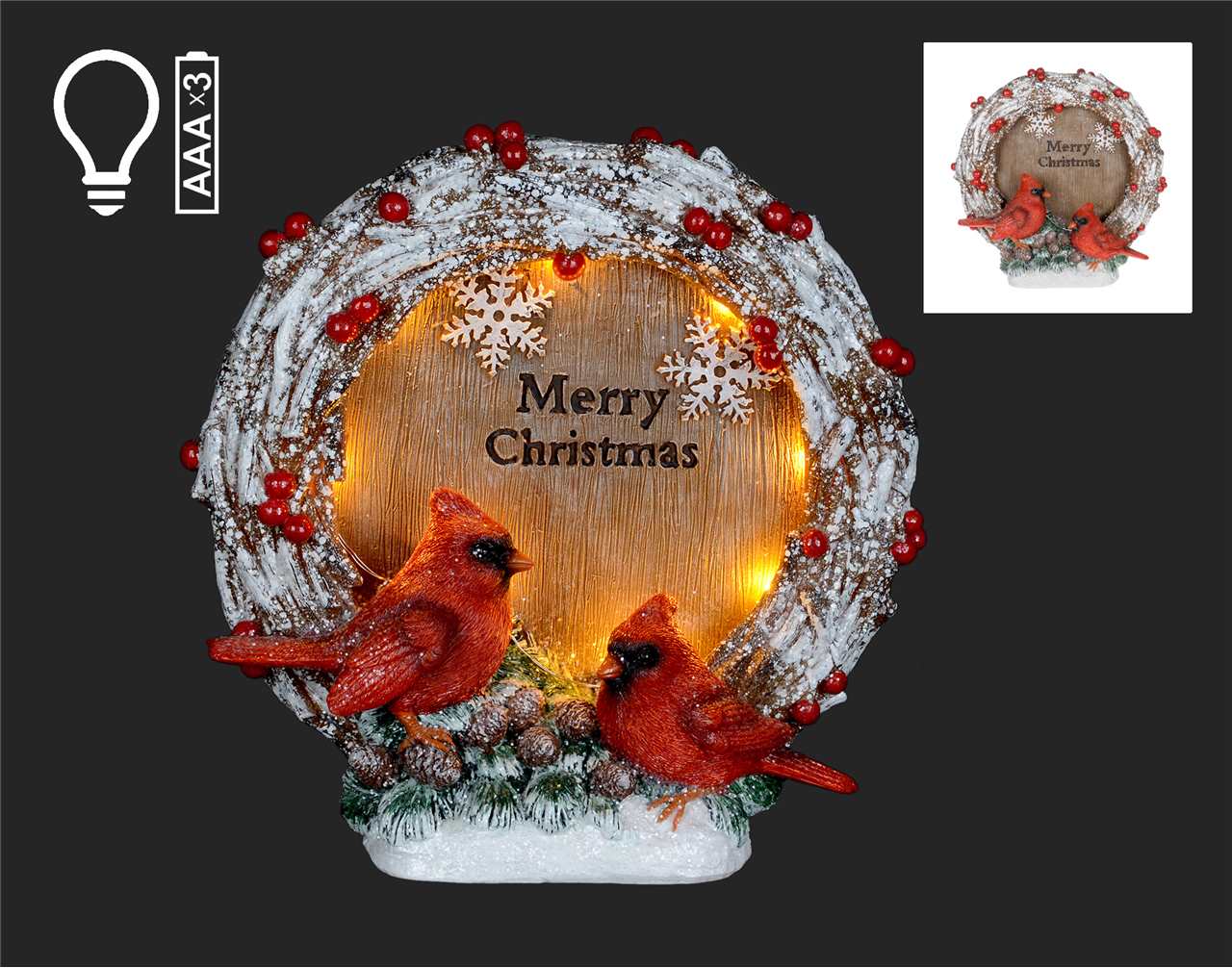 10 inch - 12 LED Vine Wreath with Cardinals - D7468-T