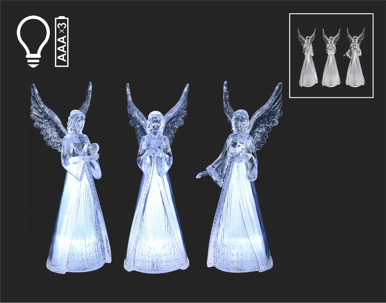 (3 assorted 8.75 inch LED Clear Frosted Angels - G2467-T