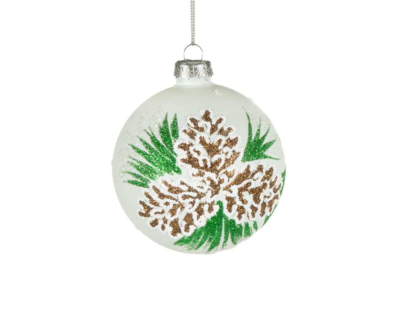 (Set of 12) Specialty Glass White Ball Ornament with Pine Cones - 8cm - M0024-T