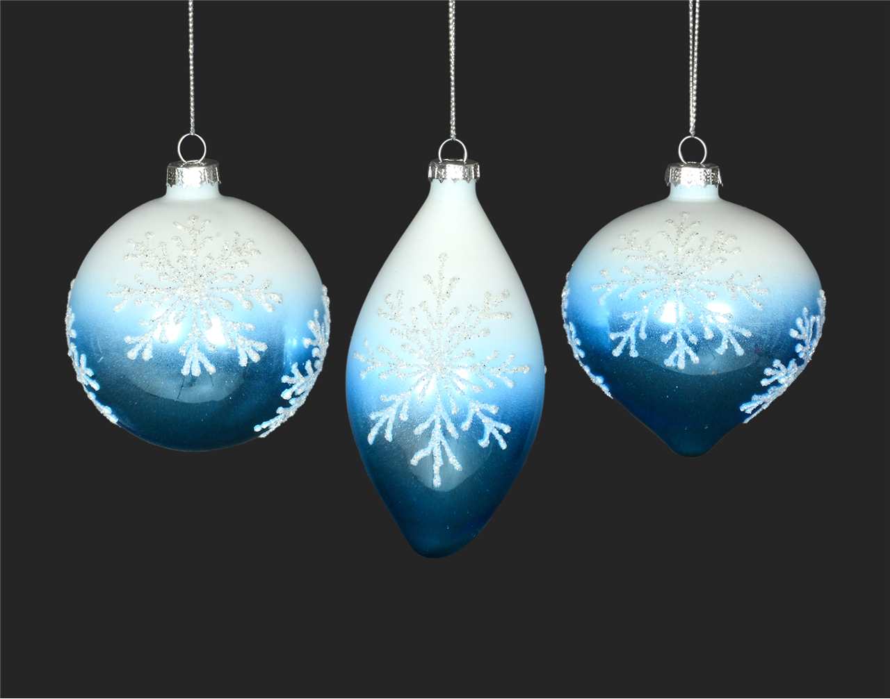 (Set of 24 - assorted 3) Specialty White Blue with Snowflake Glass Ornaments - 8 - 13 cm Ball / Finial / Onion - M1099-T