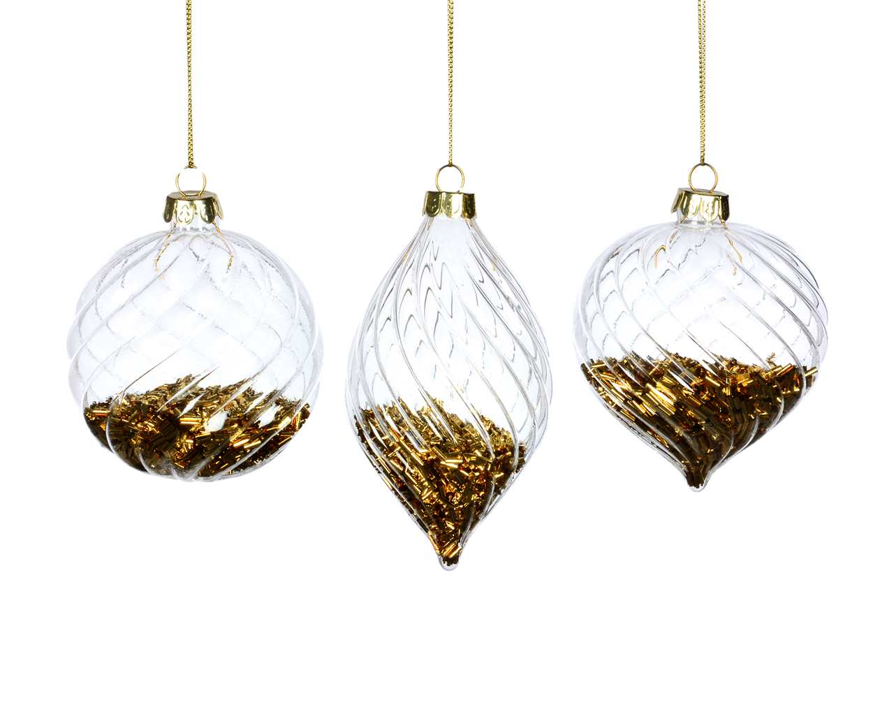 (Set of 24 - 3 assorted) Specialty Clear Glass Ornaments with Gold Filings - 8 cm - Ball / Finial / Onion - M1104-T