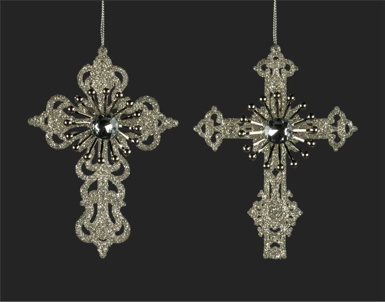 (Set of 12 - 2 assorted) Cross Ornaments with Glitter and Silver Stone - 4.5 inch - M1745-T