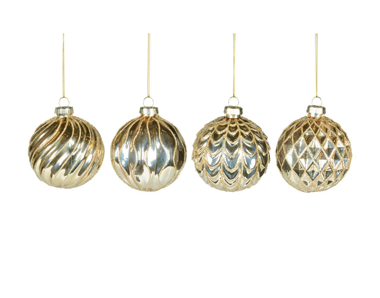 (Set of 24 - 4 assorted) Specialty Soft Gold Glass Ornaments with Beads - 8 cm - Ball / Finial / Onion - M1850-T