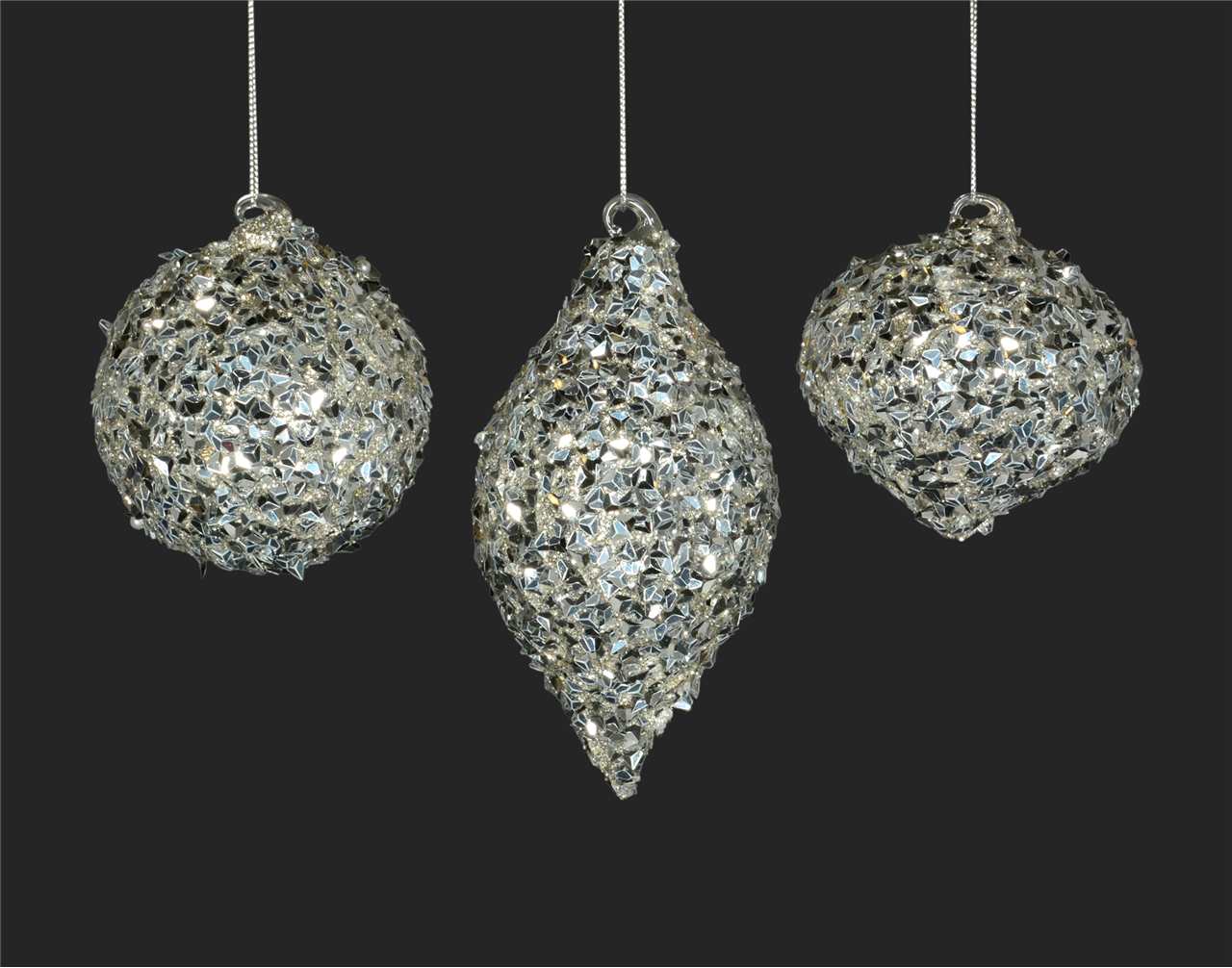 (Set of 24 - 3 assorted) Specialty Silver Ice Glass Ornaments - 8 cm - Ball / Finial / Onion - M1875-T