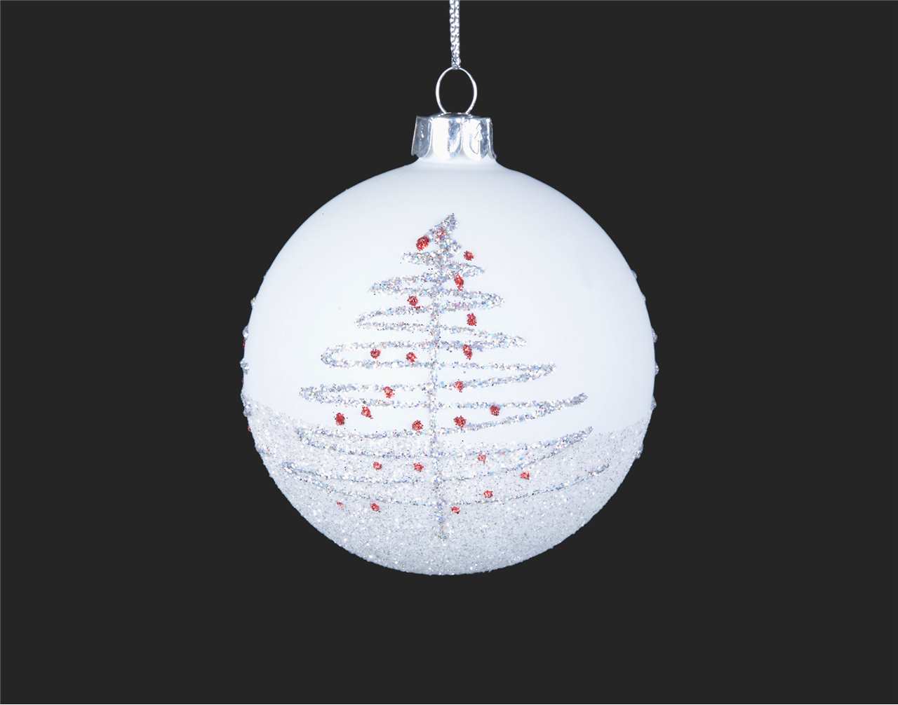 (Set of 12) Specialty White Glass Ball Ornament with Silver Tree and Red Berries - M2678-T