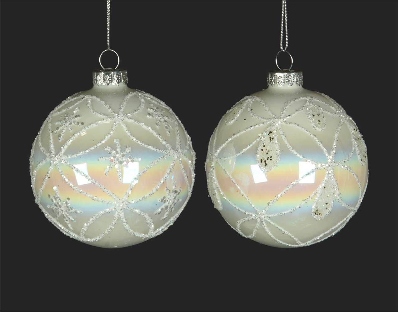 (Set of 24 - 2 assorted) Specialty Iridescent White Glass Ball Ornaments - 8 cm - M2688-T