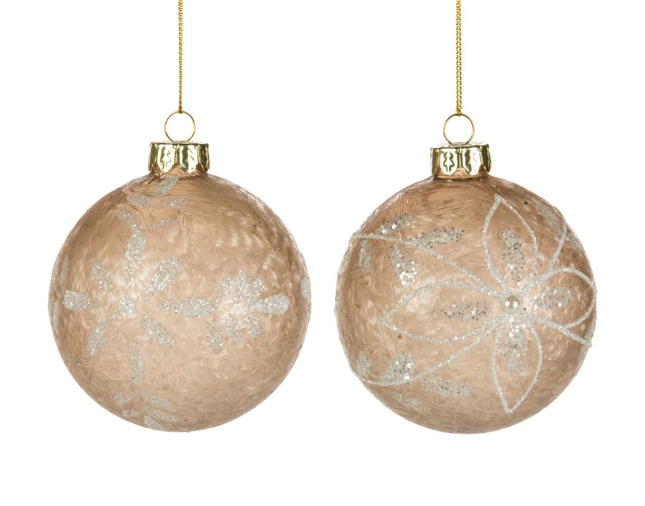 (Set of 24 - 2 assorted) Specialty Rose Gold Glass Ball Ornaments with Snowflake - 8 cm - M2697-T