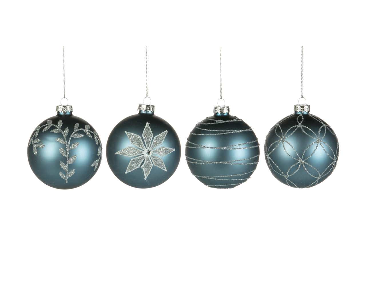 (Set of 24 - 4 assorted) Specialty Blue Glass Ornaments with Silver Pattern - 8 cm - Ball / Finial / Onion - M2784-T