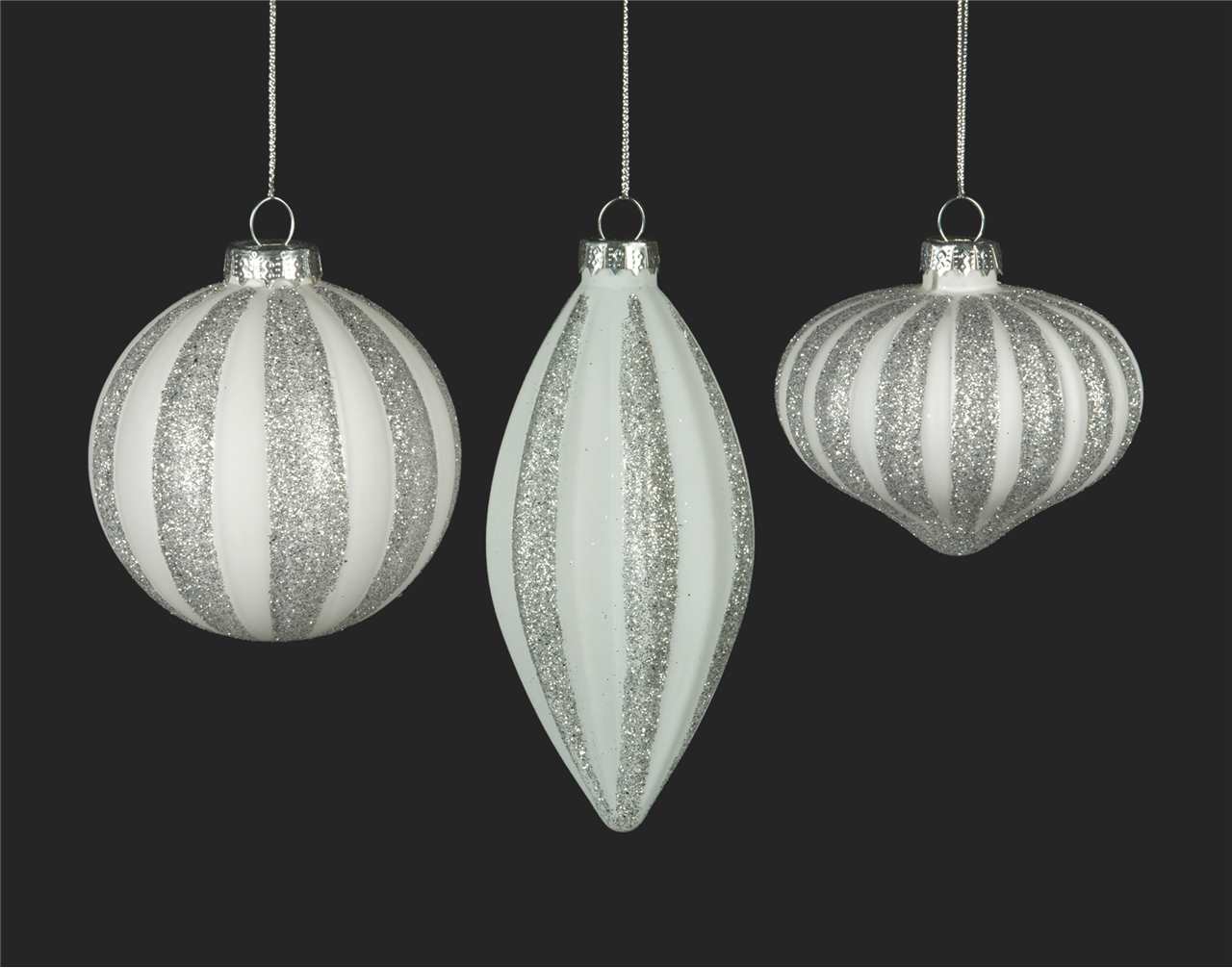 (Set of 24 - 3 assorted) Specialty White and Silver Glass Ornaments - 8 cm - Ball / Finial / Onion - M3295-T