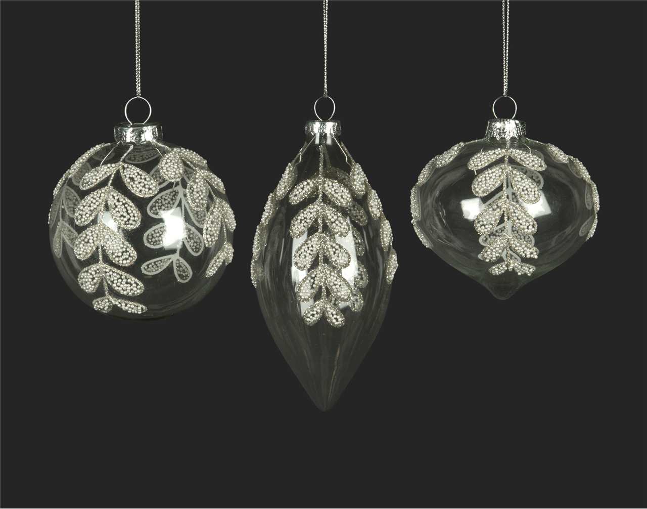 (Set of 24 - 3 assorted) Specialty Clear Glass Ornaments with Leaf - 8 cm - Ball / Finial / Onion - M3299-T