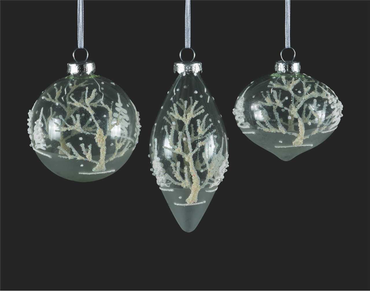 (Set of 24 - 3 assorted) Specialty Clear Glass Ornaments with Swirl - 8 cm - Ball / Finial / Onion - M3301-T