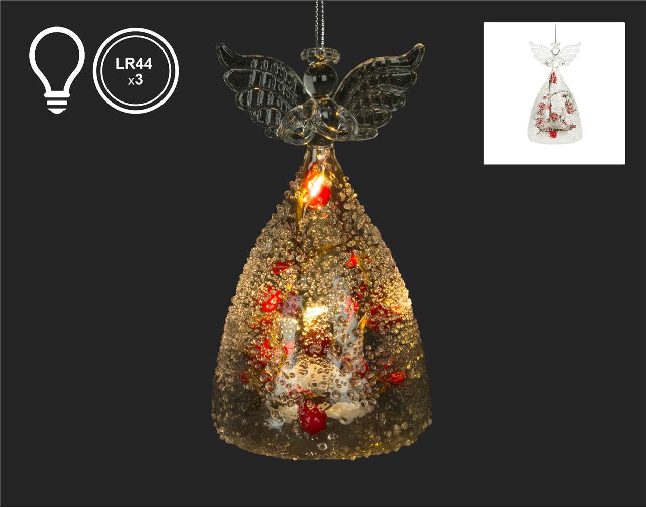 (Set of 6) Glass LED Angel Ornament with Berries - 5 inch - M3315-T