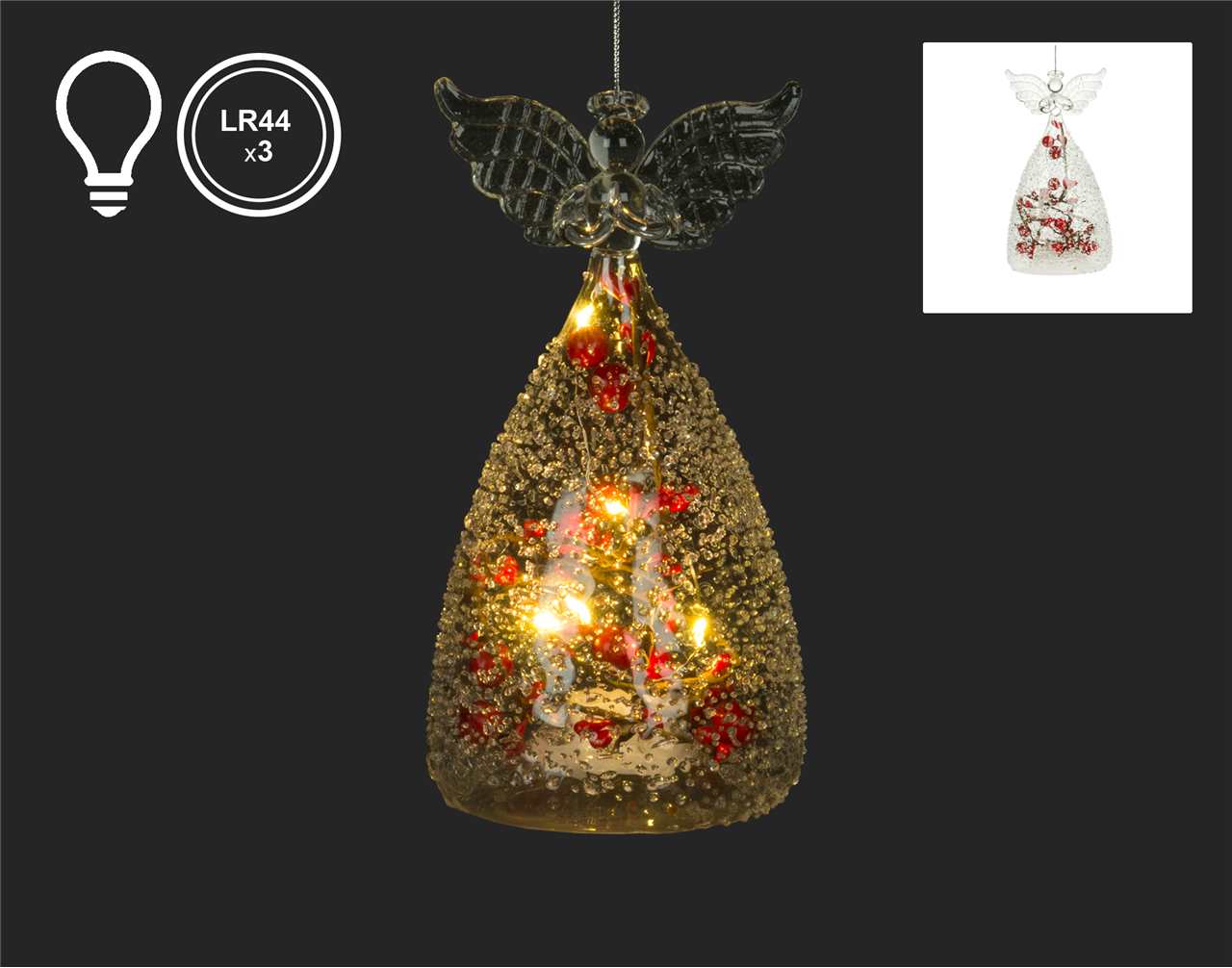 (Set of 4) Glass LED Angel Ornament with Berries - 6.5 inch - M3316-T