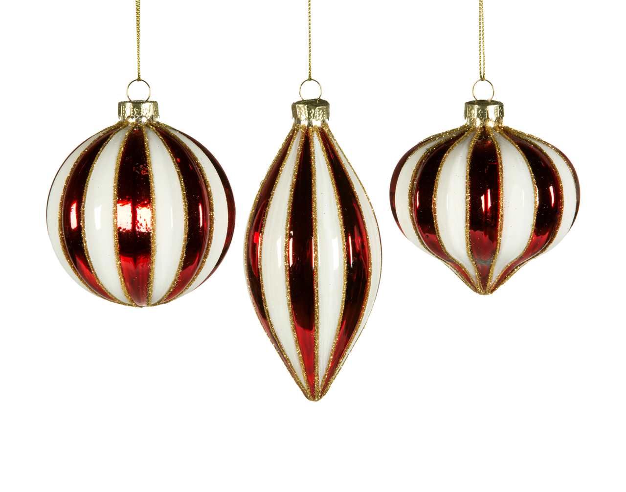 (Set of 24 - assorted 3) Specialty Red White Glass Ornaments - Ball / Finial / Onion - M3325-T