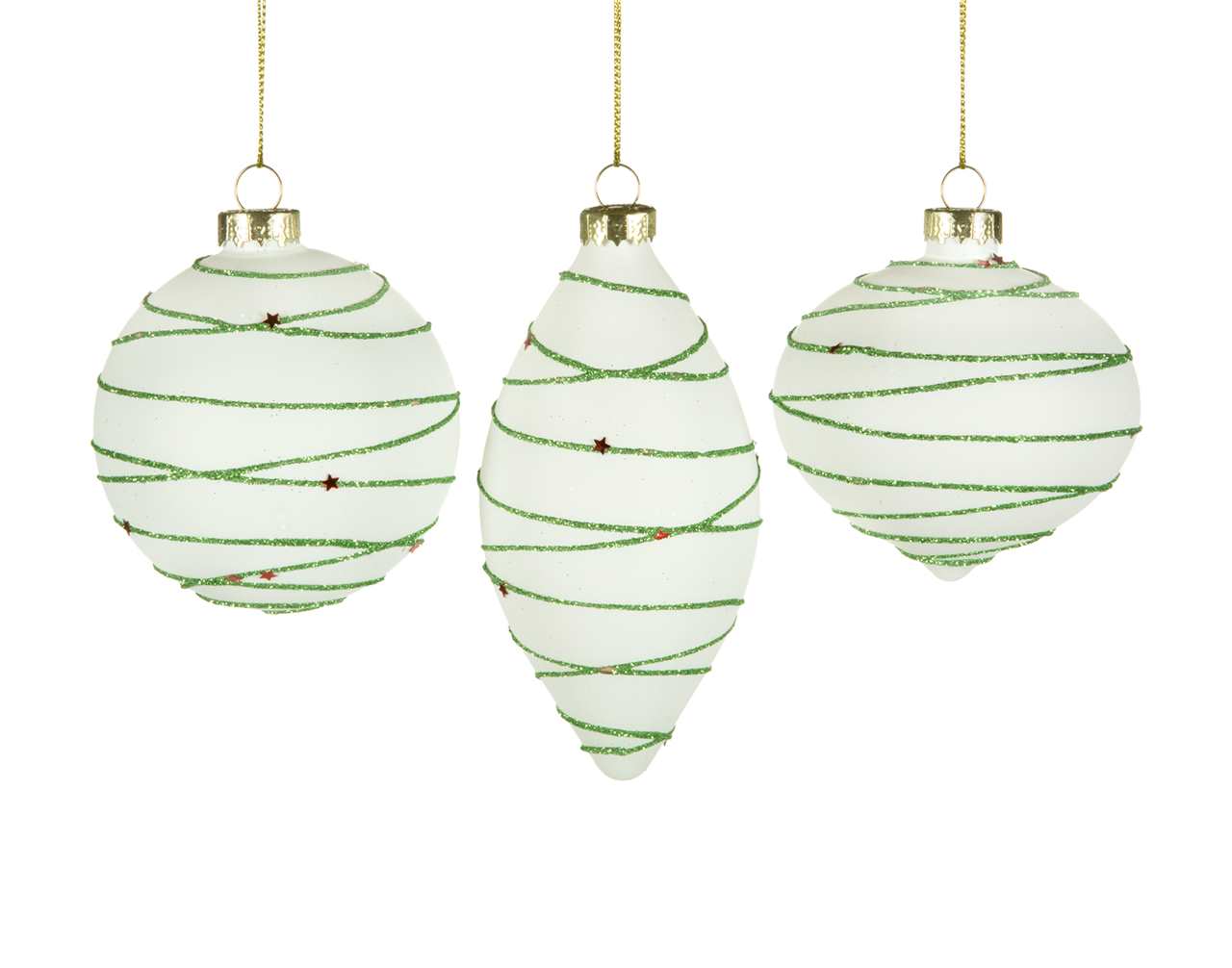 (Set of 24 - 3 assorted) Specialty White Glass Ornaments with Green Stripes and Red Dots - 8 cm - Ball / Finial / Onion - M3330-T