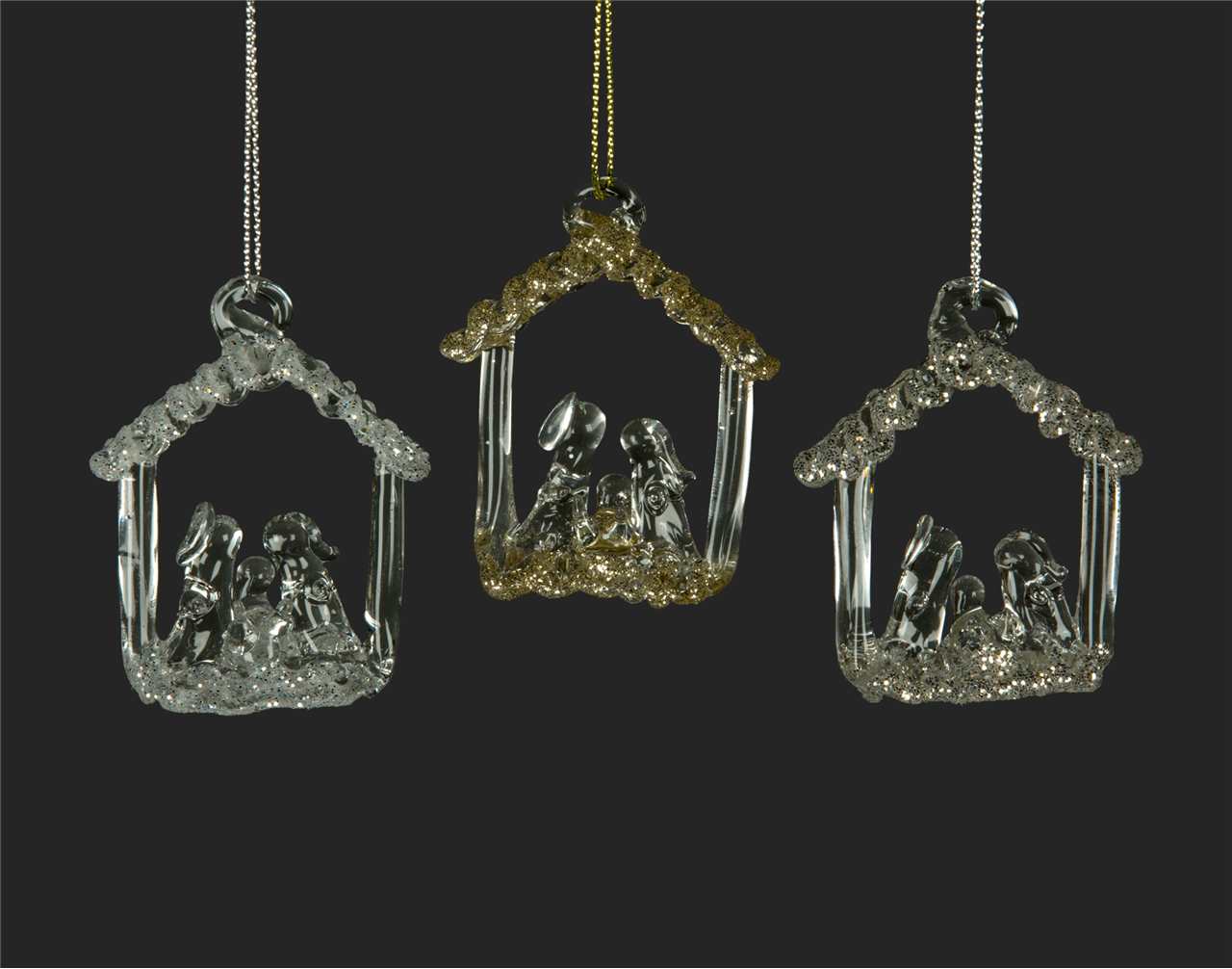 (Set of 24 - 3 assorted) Spun Glass Nativity with Stable Ornament - 2.5 inch - M3331-T