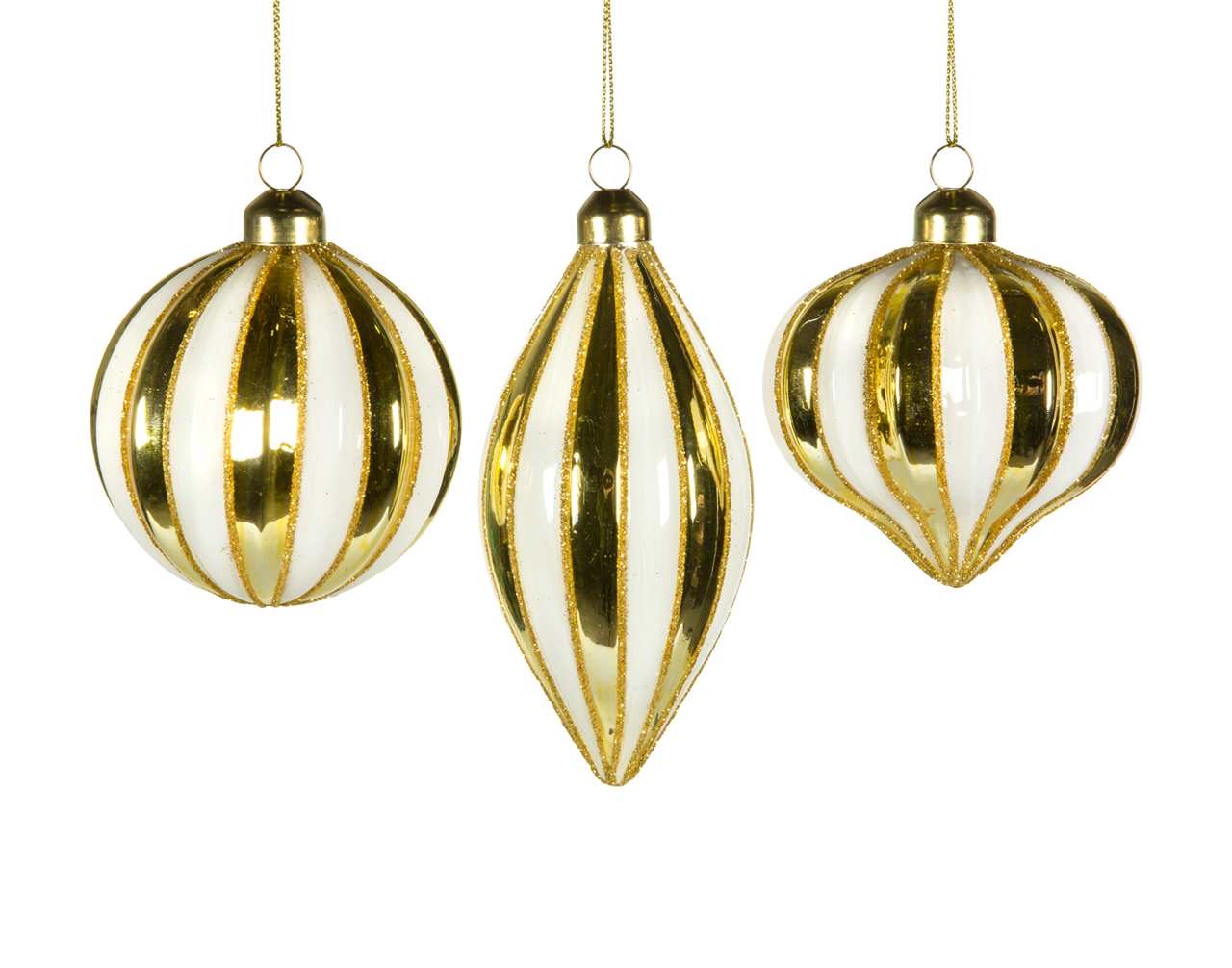 (Set of 24 - 3 assorted) Specialty Gold  and White Glass Ornaments - 8 cm - Ball / Finial / Onion - M3332-T