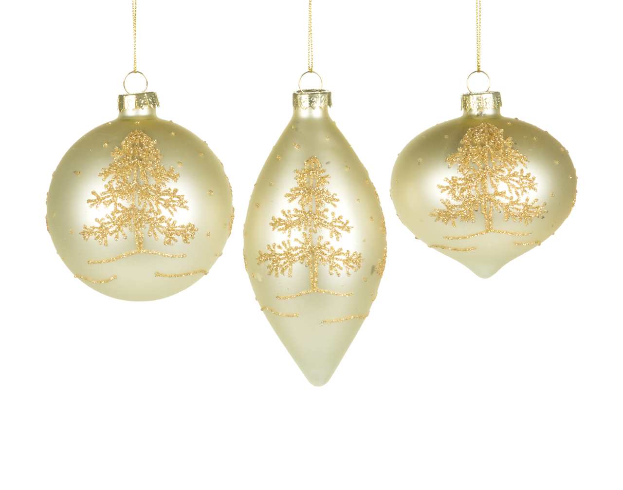 (Set of 24 - 3 assorted) Specialty Cream Glass Ornaments with Gold Tree - 8 cm - Ball / Finial / Onion - M3487-T