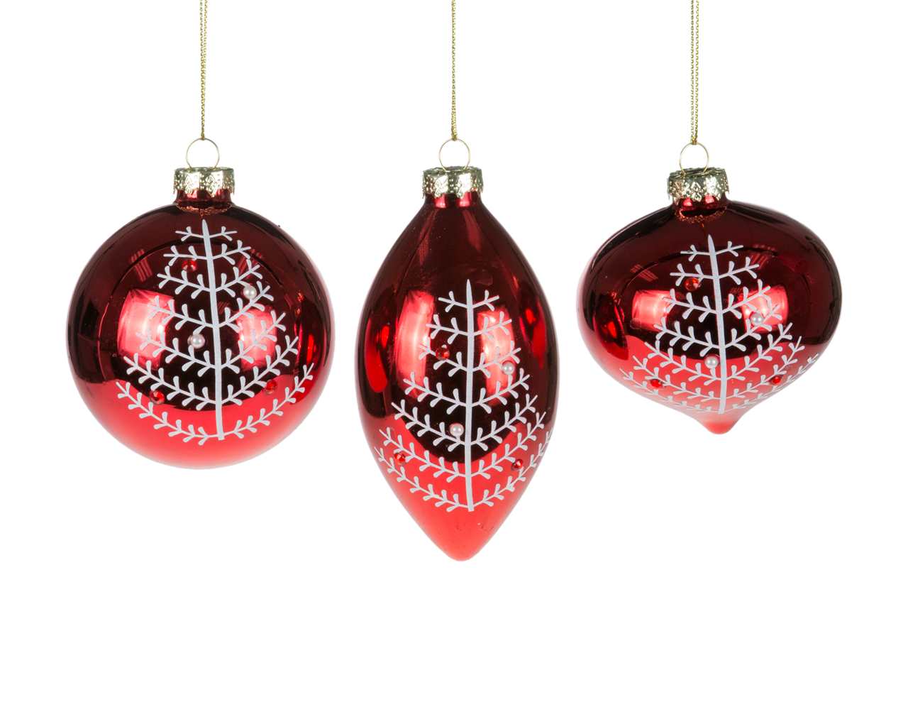 (Set of 24 - assorted 3) Specialty Red White Glass Ornaments - 8 cm - Ball / Finial / Onion - M4515-T