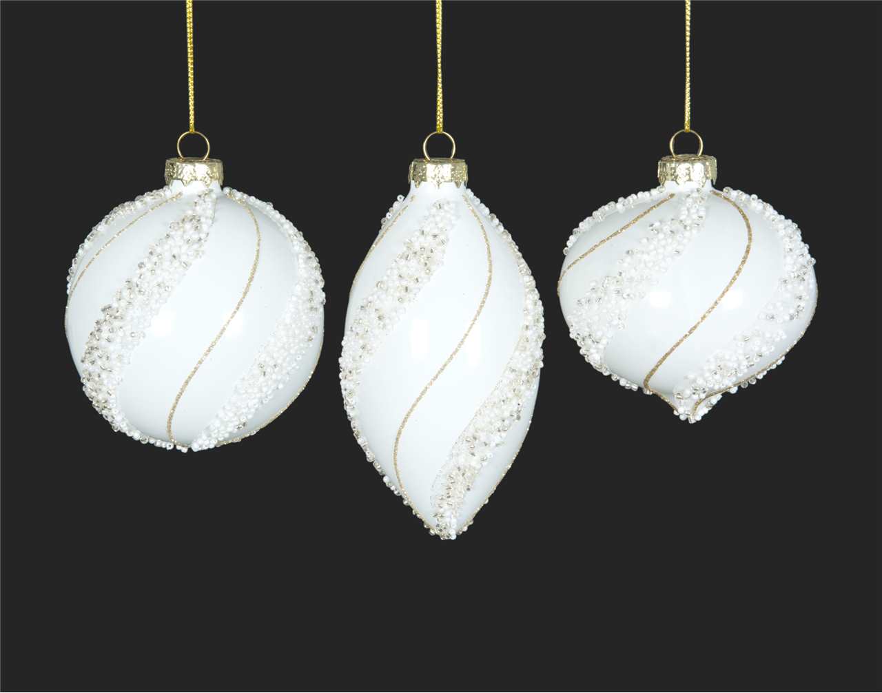 (Set of 24 - 3 assorted) Specialty White Glass Ornaments with Beads - 8 cm - Ball / Finial / Onion - M4516-T