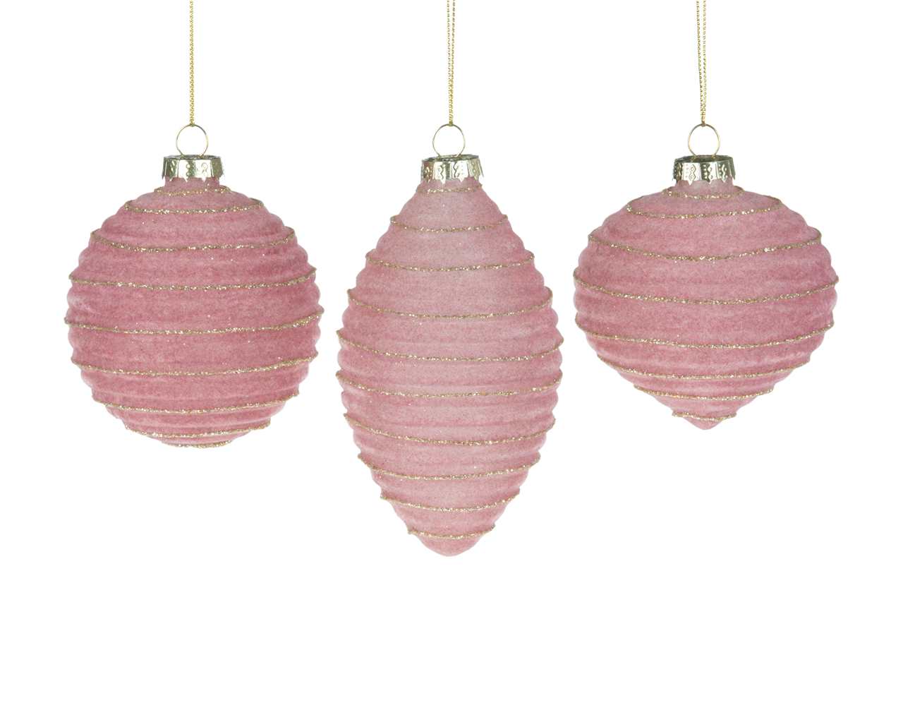 (Set of 24 - assorted 3) Specialty Pink Ribbed Glass Ornaments - Ball / Finial / Onion - M4543-T