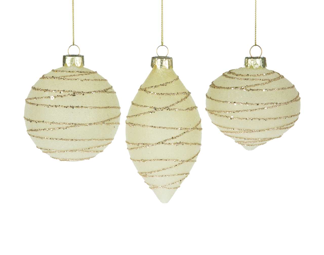 (Set of 24 - 3 assorted) Specialty Champagne Glass Ornaments with Gold Stripes - 8 cm - Ball / Finial / Onion - M4545-T