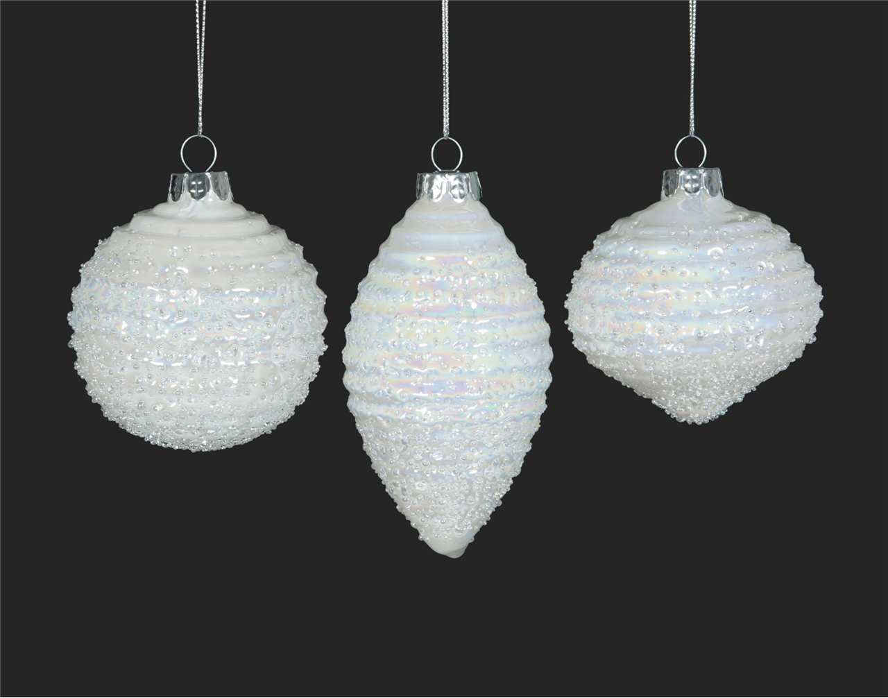 (Set of 24 - 3 assorted) Specialty Iridescent Glass Ornaments with Beads - 8 cm - Ball / Finial / Onion - M4546-T