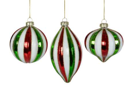 (Set of 24 - assorted 3) Specialty Red White Green Glass Ornaments - 8 cm - Ball / Finial / Onion - M4701-T