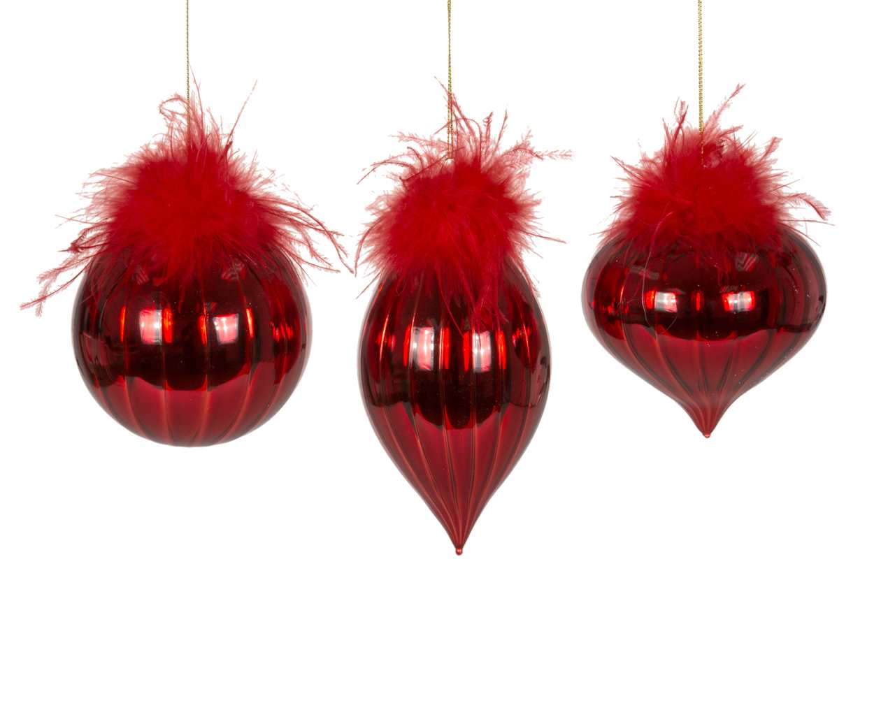 (Set of 24 - assorted 3) Specialty Red Glass Ornaments with Feathers 10cm - Ball / Finial / Onion - M4702-T