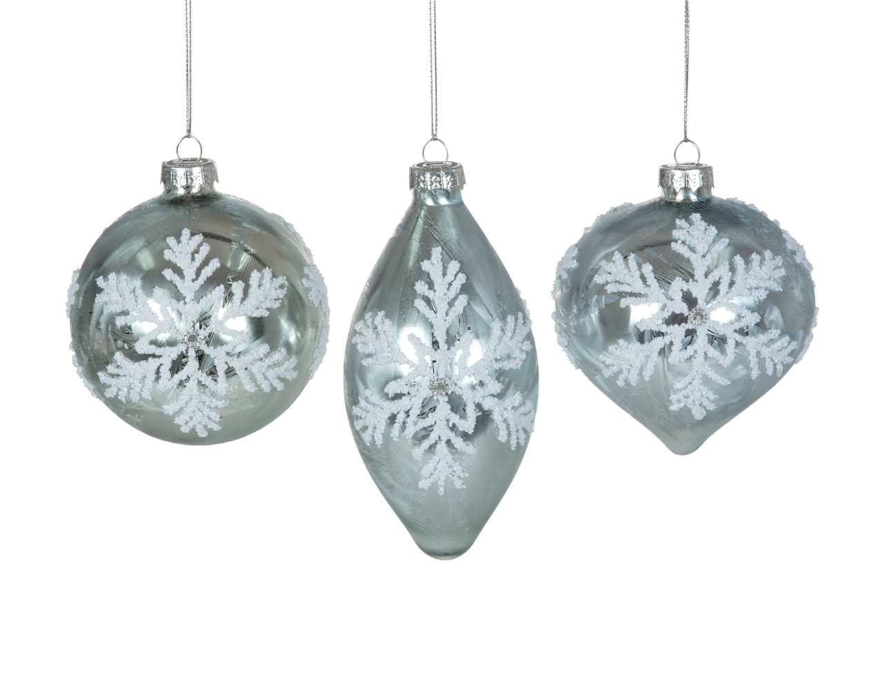 (Set of 24 - assorted 3) Specialty 8 cm Silver with Snowflake Glass Ornaments - Ball / Finial / Onion - M4704-T