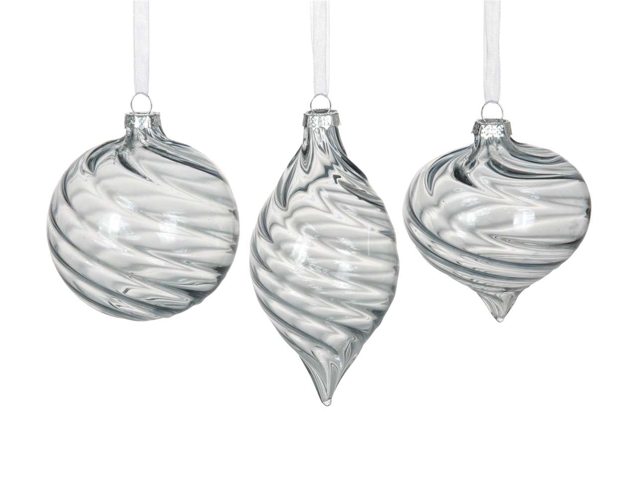 (Set of 24 - assorted 3) Specialty 8 cm Clear Grey with Spirals Glass Ornaments - Ball / Finial / Onion - M4705-T