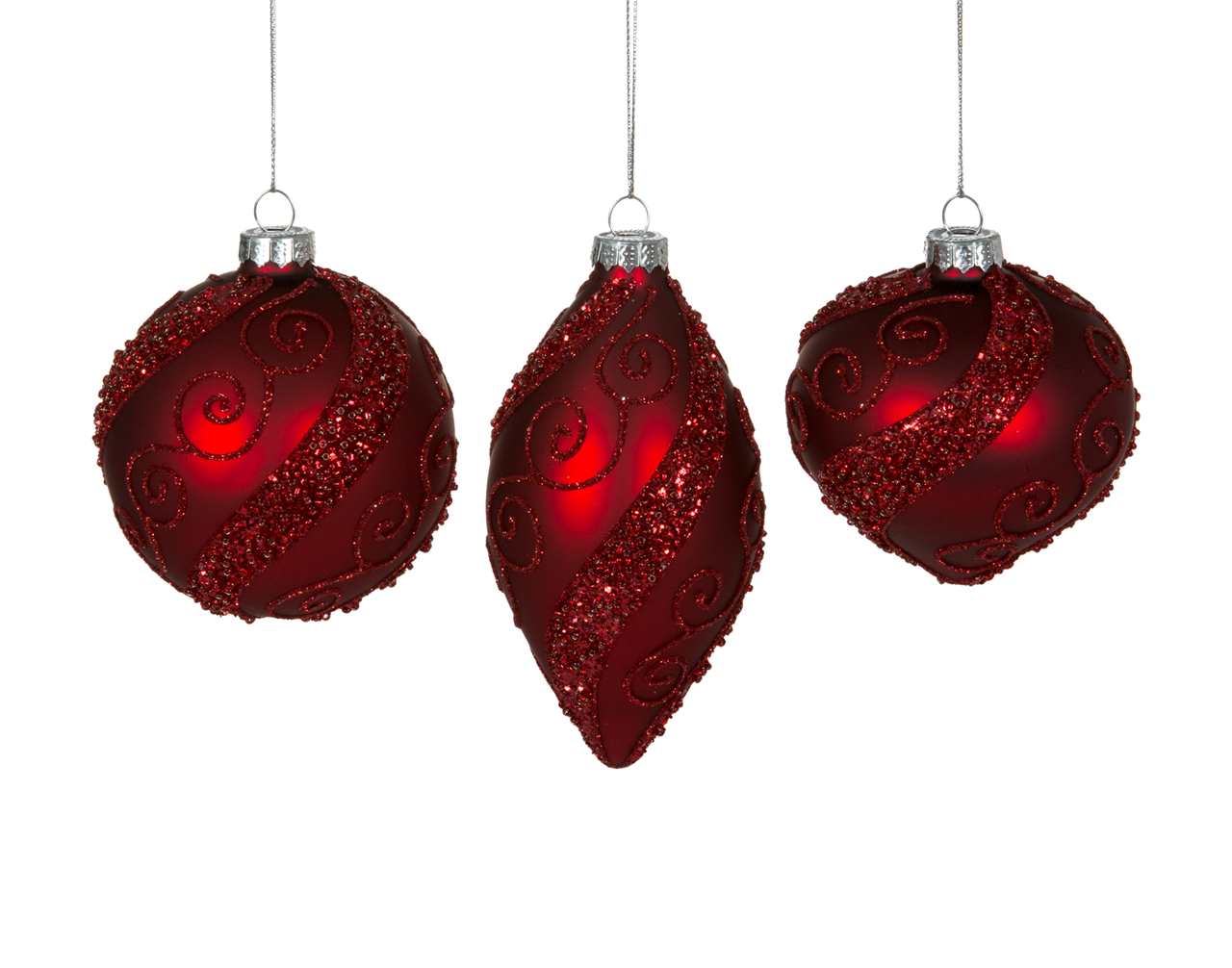 (Set of 24 - assorted 3) Specialty Red Glass Ornaments - 8-13 cm - Ball / Finial / Onion - M4706-T