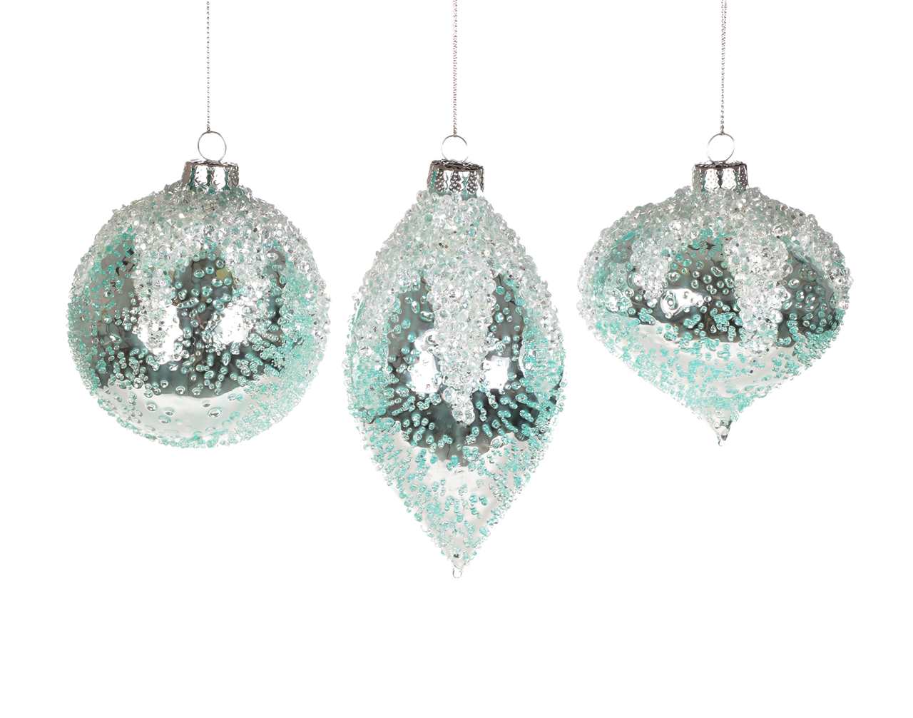 (Set of 24 - assorted 3) Specialty 8 cm Light Blue Ice Glass Ornaments - Ball / Finial / Onion - M5025-T