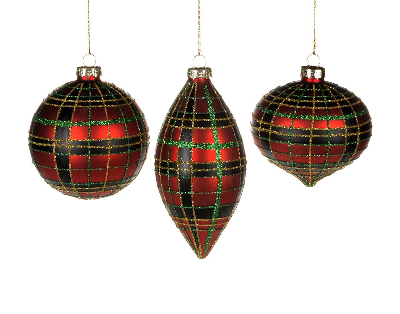 (Set of 24 - assorted 3) Specialty Red Plaid Glass Ornaments - 8-13 cm - Ball / Finial / Onion - M6393-T