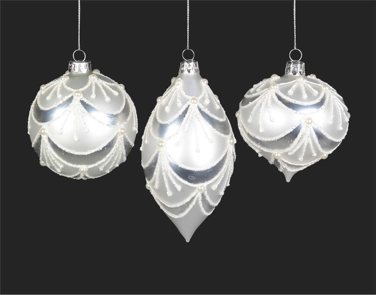 (Set of 24 - 3 assorted) Specialty White and Silver Scalloped Glass Ornaments - 8 cm - Ball / Finial / Onion - M6397-T