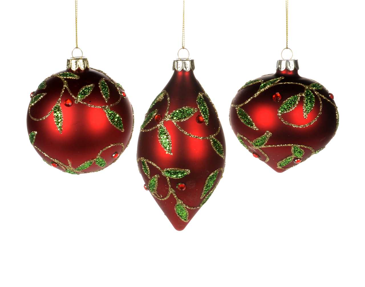 (Set of 24 - assorted 3) Specialty Red Green Glass Ornaments - 8-13 cm - Ball / Finial / Onion - M6404-T