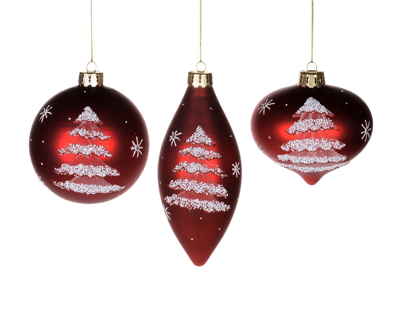 (Set of 24 - assorted 3) Specialty Red Glass Ornaments with White Tree 10 cm - Ball / Finial / Onion - M6758-T