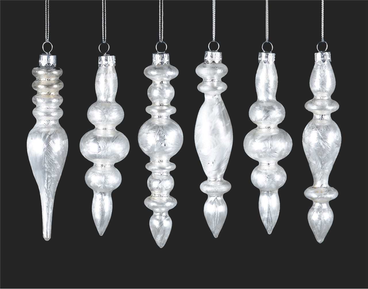 (Set of 4 boxes - 6 assorted) Specialty White Frosted Glass Finial Ornaments - 4 inch - M7736-T