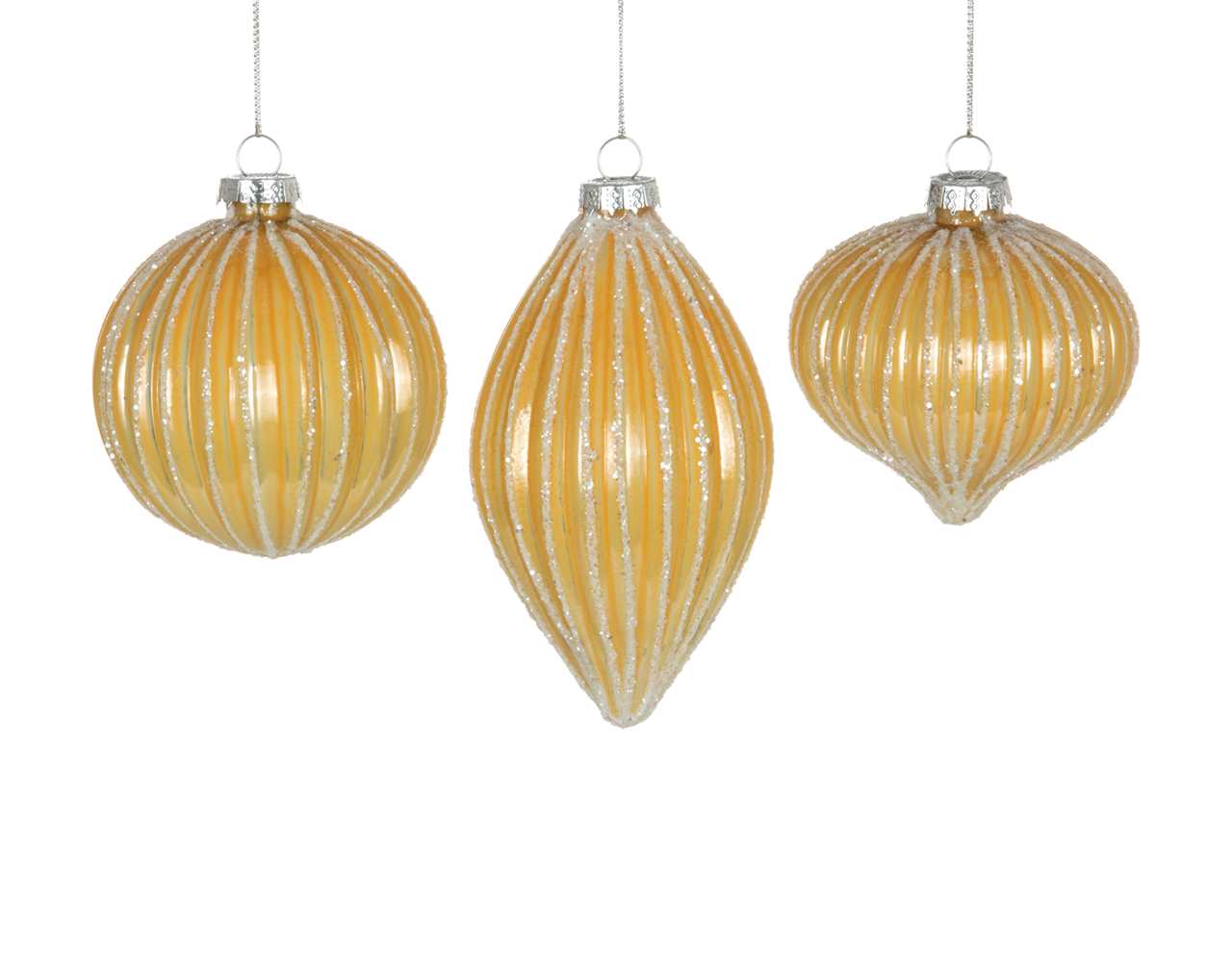 (Set of 24 - 3 assorted) Specialty Yellow Glass Ornaments with Glitter Ribs - 8 cm - Ball / Finial / Onion - M8305-T