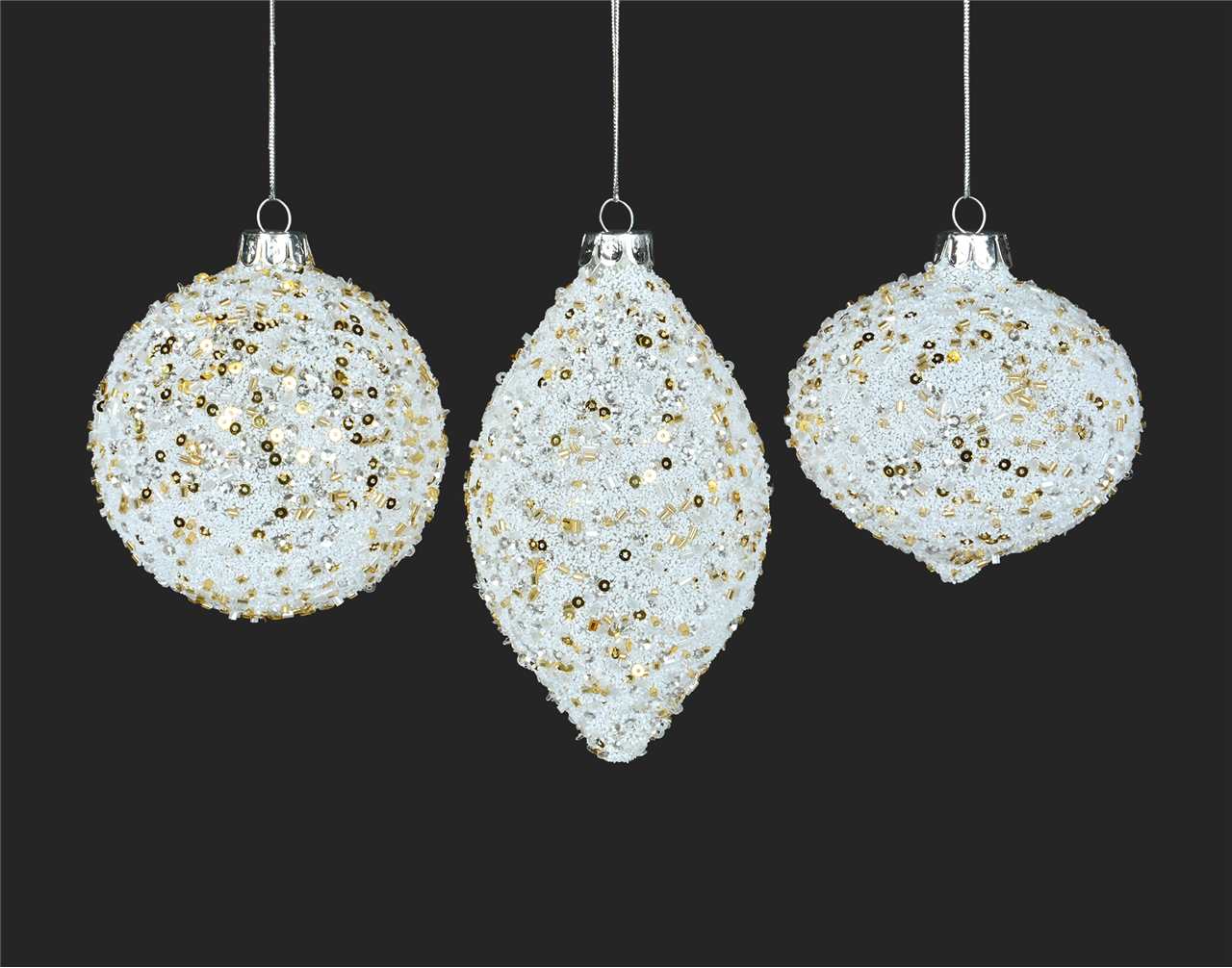 (Set of 24 - 3 assorted) Specialty White Glass Ornaments with Gold Beads - 8 cm - Ball / Finial / Onion - M8963-T