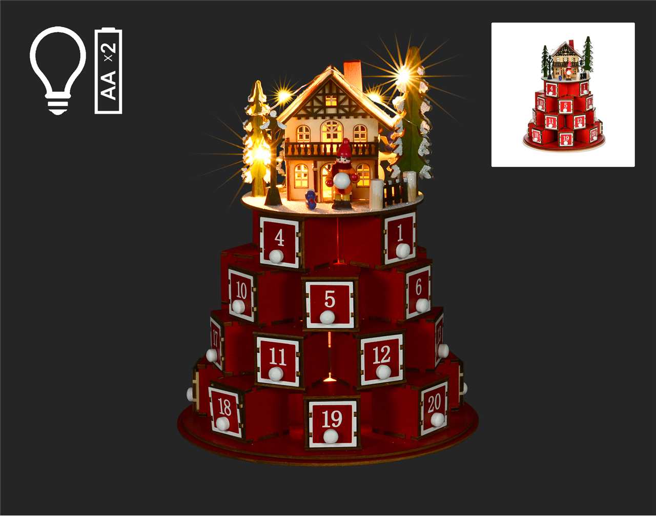 11 inch LED Red White Advent Calendar with House - N1069-T