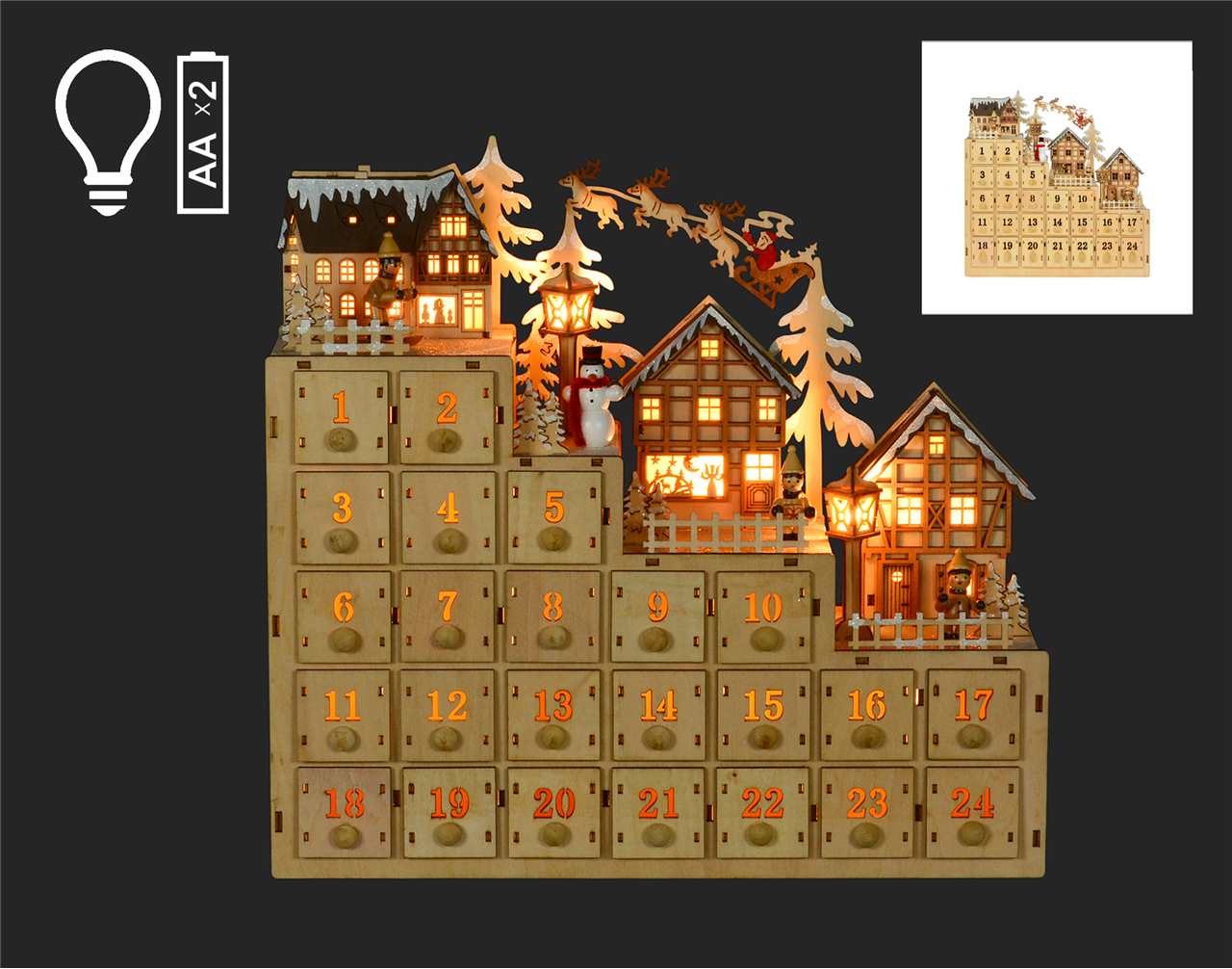 15x 4 x 14 inch LED Village Advent Calendar with Santa - N1074-T