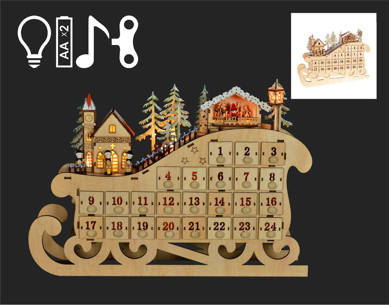 13 x 8 inch LED Laser Cut Train Advent Calendar with Lights and Music - N4944-T