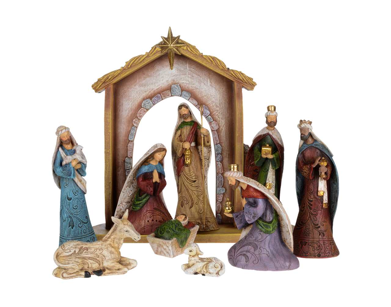 (Set of 10) 11 inch Jewel Tone Nativity with Background - T4903-T