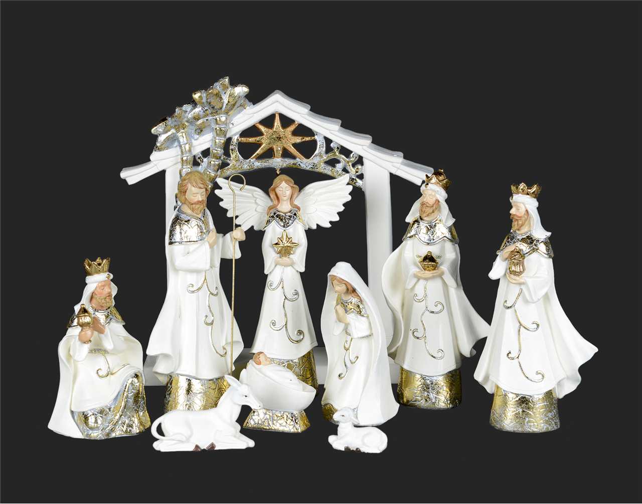 (Set of 10) 9 inch White Gold Nativity with Donkey and Sheep - T6277-T