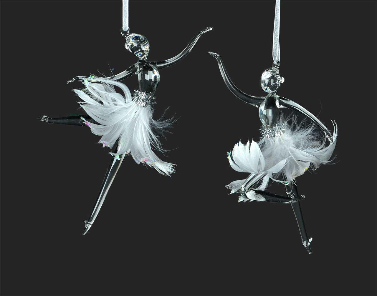 (Set of 6 - 2 assorted) 6.5 inch Glass Ballerina Ornaments with Feathers - W8713-T