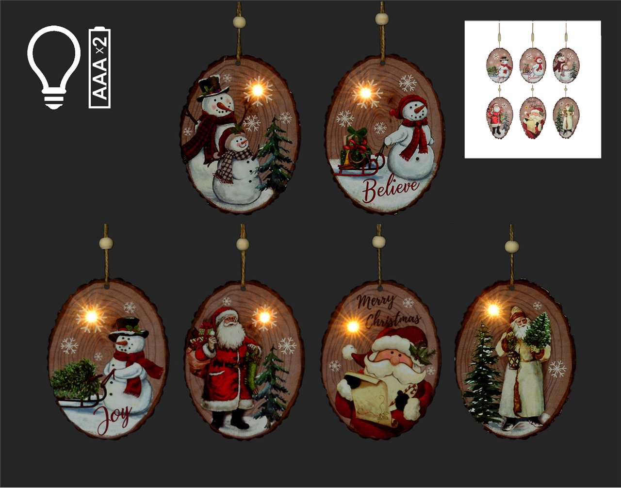 (6 assorted) - 24 Oval MDF Ornaments with LED Lights - Z1208-T