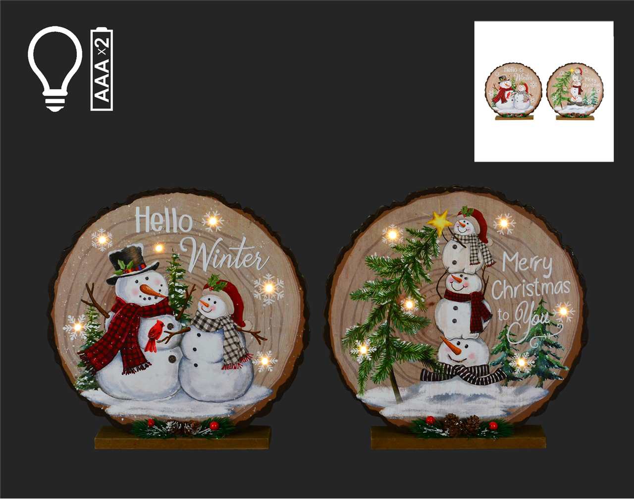 (2 Assorted) 11 inch LED MDF Log with Snowmen - Z1210-T